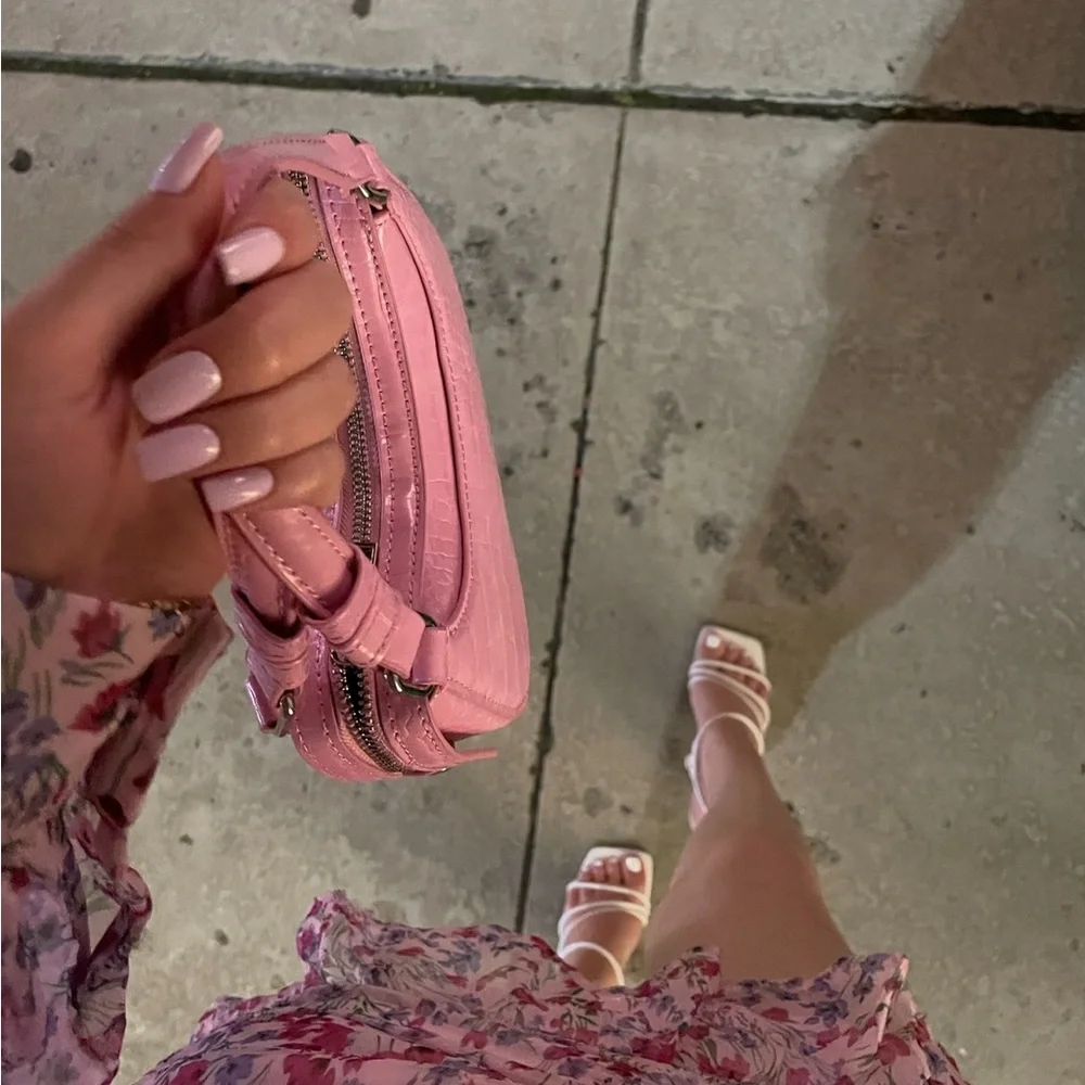 Zara Croc Embossed Top Handle Bag with Strap Pink Silver - Picture 15 of 16